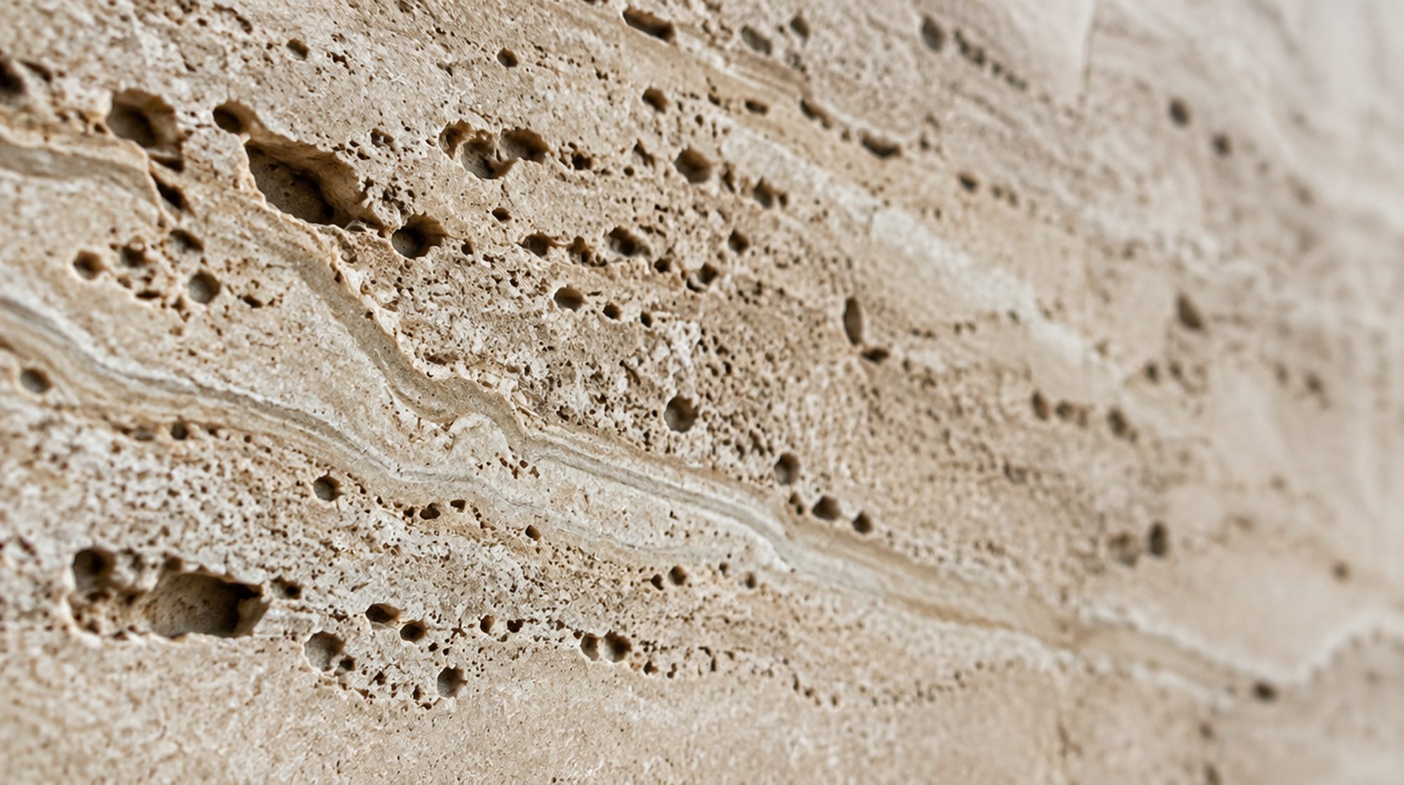 Macro detail of honed travertine under raking light.